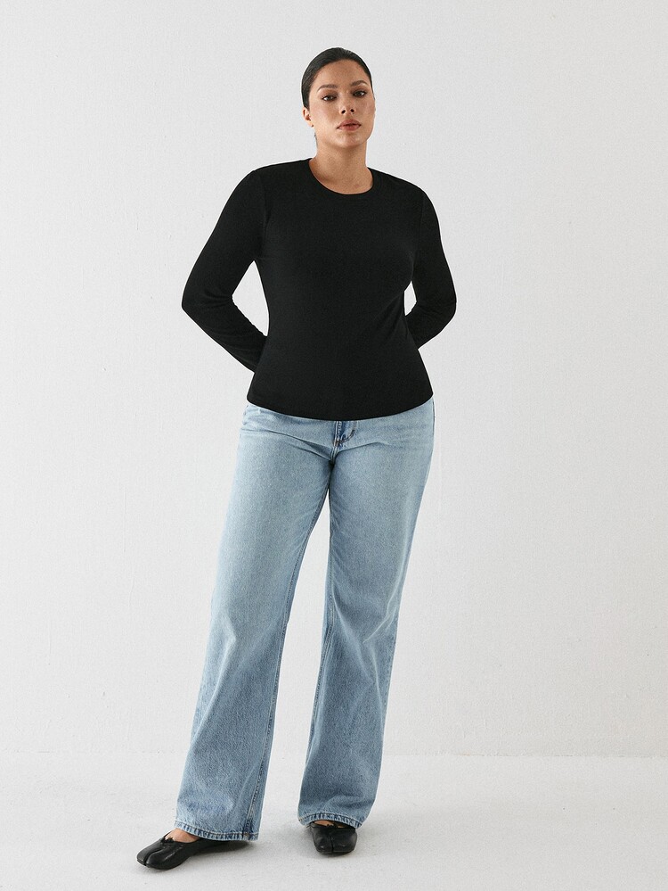 YARNWELL Plus Size Women's Solid Color Casual Versatile Daily Long Sleeve T-Shirt Fall - Black - View 2