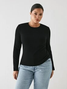 YARNWELL Plus Size Women's Solid Color Casual Versatile Daily Long Sleeve T-Shirt Fall - Black - View 4