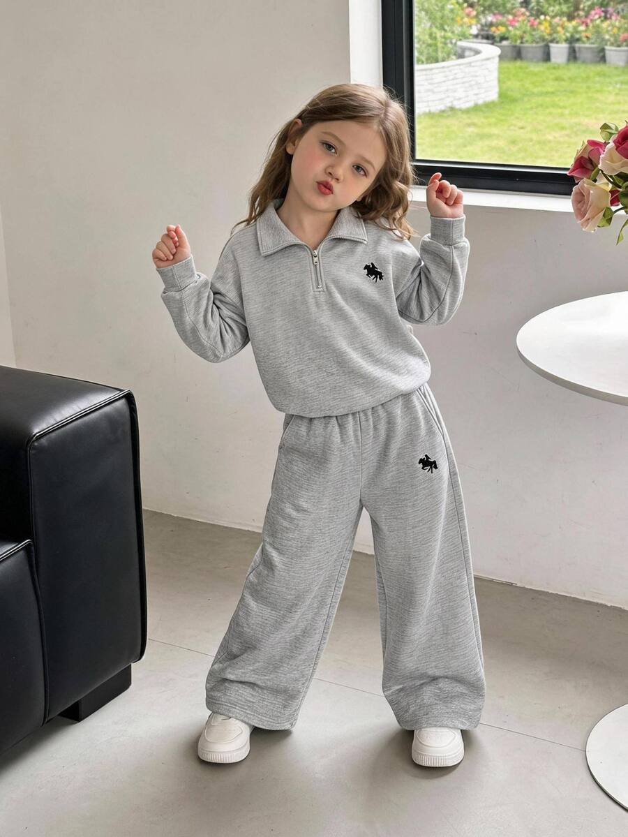 Tween Girl Autumn/Winter Casual Sweatshirt Set, Pony Logo Print, Loose Round Neck, Dropped Shoulder, Long Sleeve Pullover, Matching Print Toothpick Pleated Wide Leg Straight Sweatpants, 2-Piece Sporty Sweatshirt Set, Heather Grey - Multicolor - View 1