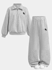 Tween Girl Autumn/Winter Casual Sweatshirt Set, Pony Logo Print, Loose Round Neck, Dropped Shoulder, Long Sleeve Pullover, Matching Print Toothpick Pleated Wide Leg Straight Sweatpants, 2-Piece Sporty Sweatshirt Set, Heather Grey - Multicolor - View 5