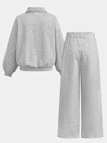 Tween Girl Autumn/Winter Casual Sweatshirt Set, Pony Logo Print, Loose Round Neck, Dropped Shoulder, Long Sleeve Pullover, Matching Print Toothpick Pleated Wide Leg Straight Sweatpants, 2-Piece Sporty Sweatshirt Set, Heather Grey - Multicolor - View 2