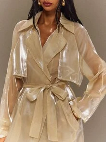 TypaGal Women's Solid Color Waist Tie Fashion Elegant Glamorous Sexy Rave Night Versatile Trench Coat Club Party Metallic Gold Glitter Autumn - Apricot - View 6