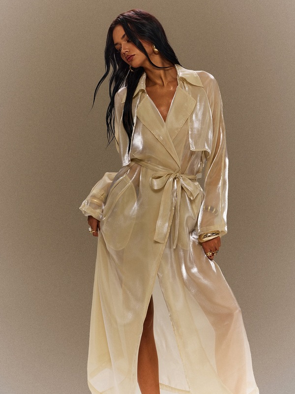 TypaGal Women's Solid Color Waist Tie Fashion Elegant Glamorous Elegant Sexy Rave Night Versatile Trench Coat Club Party Gold Metallic Metallic Autumn
