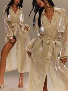 TypaGal Women's Solid Color Waist Tie Fashion Elegant Glamorous Sexy Rave Night Versatile Trench Coat Club Party Metallic Gold Glitter Autumn - Apricot - View 1