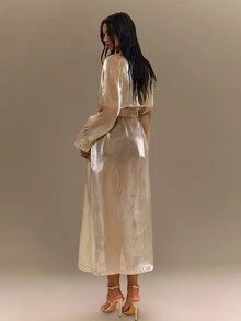 TypaGal Women's Solid Color Waist Tie Fashion Elegant Glamorous Sexy Rave Night Versatile Trench Coat Club Party Metallic Gold Glitter Autumn - Apricot - View 2