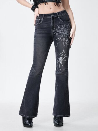 Goth Jean évasé décontracté pour femmes avec motif toile d'araignée et poches
