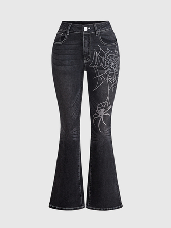 Goth Jeans casual a zampa con tasche e motivo a ragnatela per donna