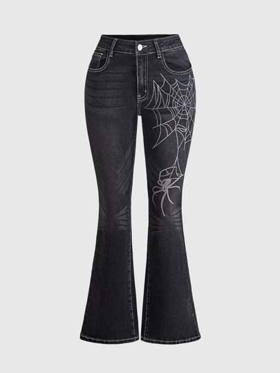 Goth Damen-Jeans mit Spinnennetz-Muster, Taschen und lässigem Schlag
