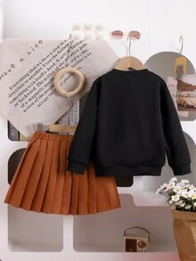 Elladie kids 女童 2 件套秋季黑色長袖圓領衛衣 3D 水鑽愛心貼花搭配棕色百褶裙 幼兒秋季服飾 - 卡其色 - 查看 2