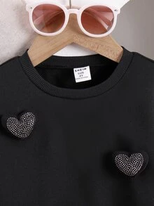 Elladie kids 女童 2 件套秋季黑色長袖圓領衛衣 3D 水鑽愛心貼花搭配棕色百褶裙 幼兒秋季服飾 - 卡其色 - 查看 6