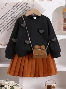 Elladie kids 女童 2 件套秋季黑色長袖圓領衛衣 3D 水鑽愛心貼花搭配棕色百褶裙 幼兒秋季服飾 - 卡其色 - 查看 3