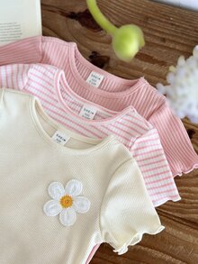 SHEIN LMoss Kids 3件装女婴针织休闲圆领T恤，可爱花卉条纹针织 - 彩色 - 查看 2