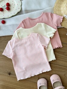 SHEIN LMoss Kids 3件装女婴针织休闲圆领T恤，可爱花卉条纹针织 - 彩色 - 查看 4