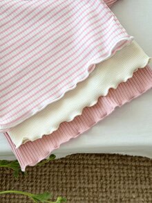 SHEIN LMoss Kids 3件装女婴针织休闲圆领T恤，可爱花卉条纹针织 - 彩色 - 查看 3