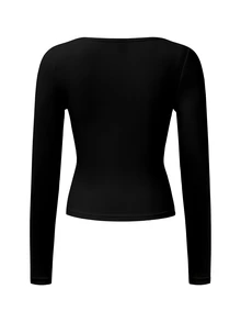 SHEIN LUNE Women's Solid Color Round Neck Regular Shoulder Long Sleeve Fitted Cropped T-Shirt, Versatile - Black - View 2