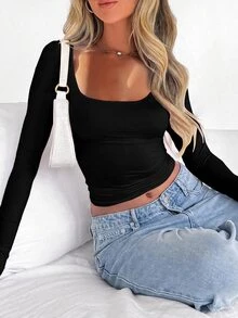 SHEIN LUNE Women's Solid Color Round Neck Regular Shoulder Long Sleeve Fitted Cropped T-Shirt, Versatile - Black - View 3