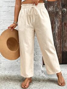 SHEIN VCAY Plus Size Women Solid Color Drawstring Waist Casual Versatile Daily Wear Pants Fall - Apricot - View 4