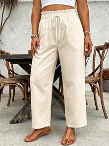 SHEIN VCAY Plus Size Women Solid Color Drawstring Waist Casual Versatile Daily Wear Pants Fall - Apricot - View 1