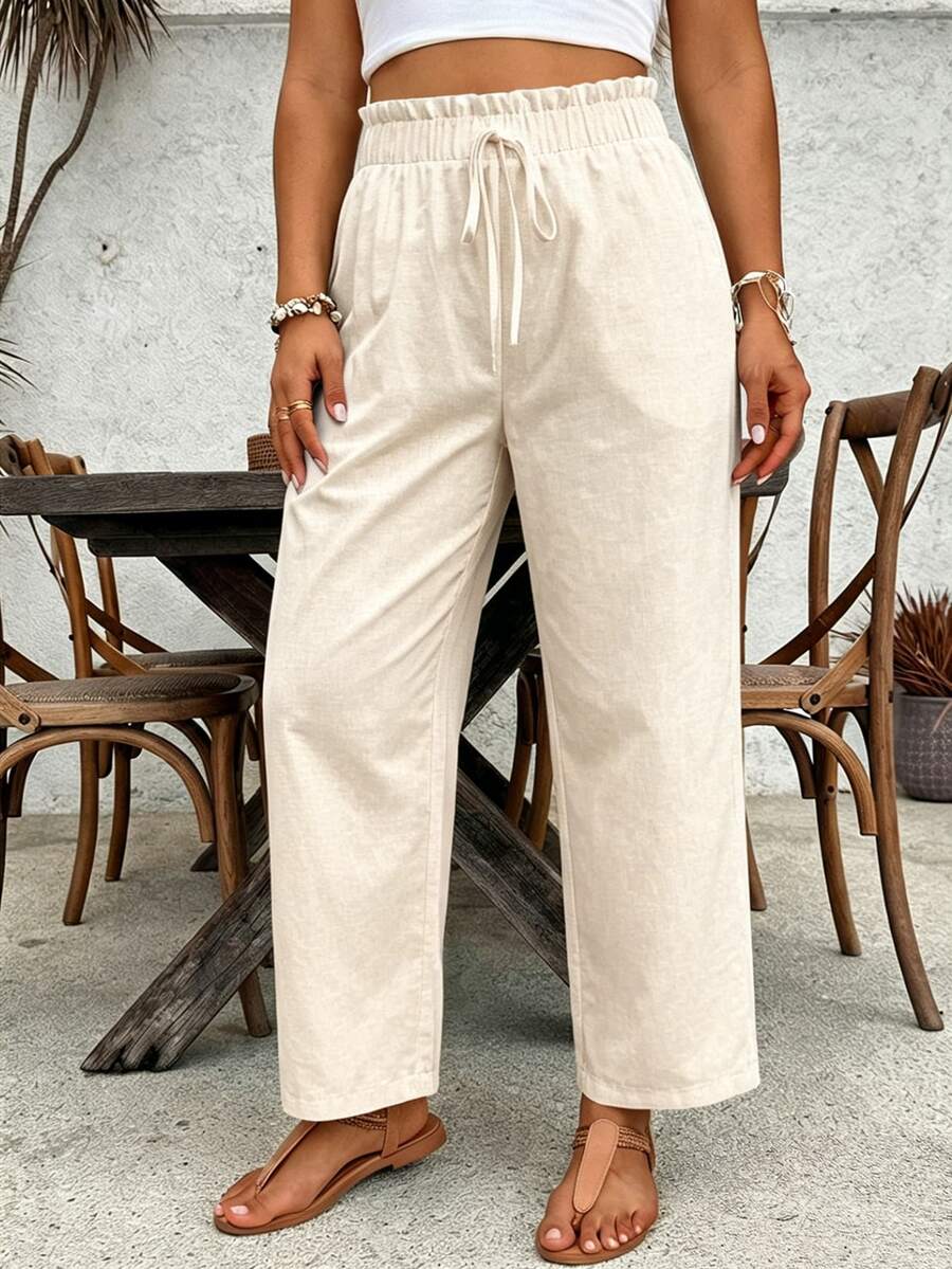 SHEIN VCAY Plus Size Women Solid Color Drawstring Waist Casual Versatile Daily Wear Pants Fall - Apricot - View 1