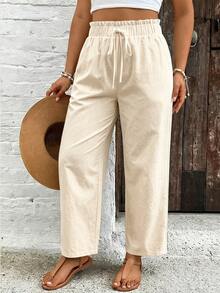 SHEIN VCAY Plus Size Women Solid Color Drawstring Waist Casual Versatile Daily Wear Pants Fall - Apricot - View 3