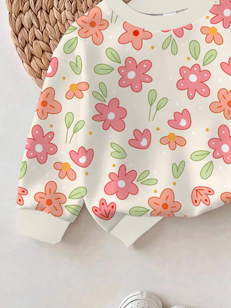 Baby Girl Casual Cute Pastoral Floral Pattern Crew Neck Sweatshirt & Elastic Waist Long Pants Set, Suitable For Autumn/Winter, Girls Outfit Sets, Vintage, Kawaii, Cozy Fall & Winter Styles - Multicolor - View 9