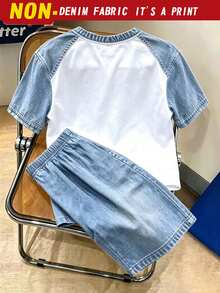 SHEIN Teen Boys Digital English Graphic Short Sleeve & Shorts Set, Spring/Summer Casual Comfortable Fashion Style, Suitable For Outings, Outdoor Sports, Picnic, Street Photography, Vacation, Holiday, Gift Use - Multicolor - View 2