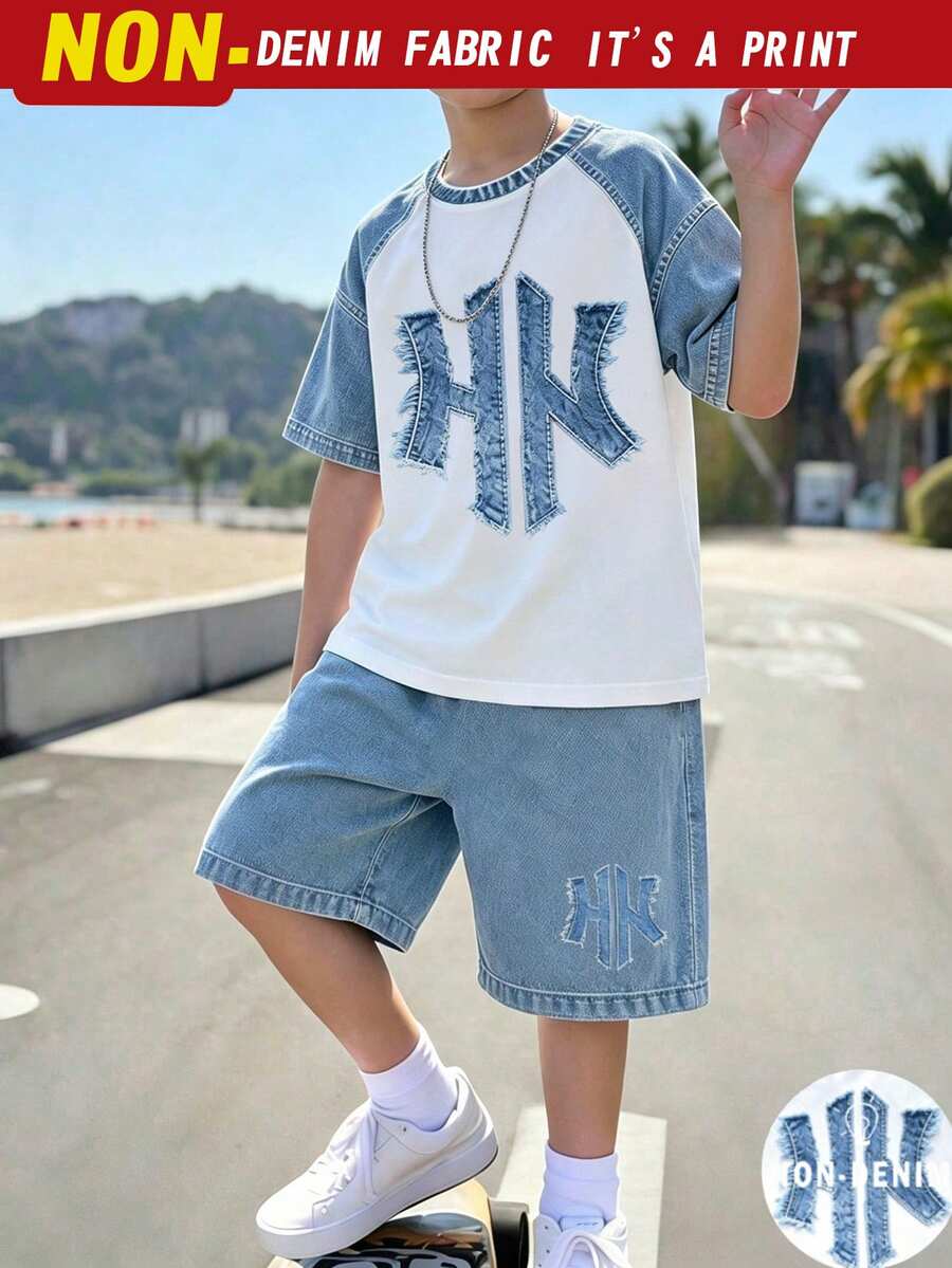 SHEIN Teen Boys Digital English Graphic Short Sleeve & Shorts Set, Spring/Summer Casual Comfortable Fashion Style, Suitable For Outings, Outdoor Sports, Picnic, Street Photography, Vacation, Holiday, Gift Use - Multicolor - View 1