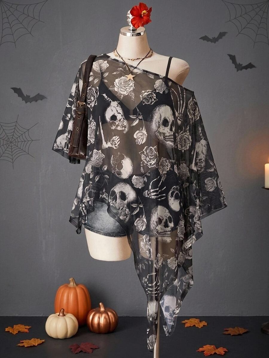 SHEIN ICON Halloween Skull Print Plus Size Women's Mesh Top, Suitable For Summer - Multicolor - View 1