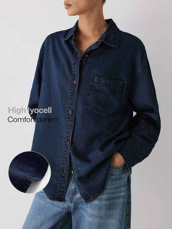 YARNWELL Women's Fashionable Lapel Button Loose Washed Denim Jacket