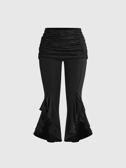 Y2K Pantaloni a zampa di elefante alla moda con pieghe in vita, tinta unita, da donna