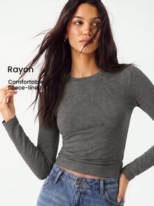 YARNWELL Kaos Lengan Panjang Wanita Warna Polos Model Slim Fit Serbaguna Kasual untuk Sehari-hari di Rumah, Warna Abu-abu Gelap Musim Gugur - Grey - View 12