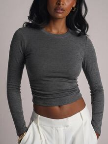 YARNWELL Kaos Lengan Panjang Wanita Warna Polos Model Slim Fit Serbaguna Kasual untuk Sehari-hari di Rumah, Warna Abu-abu Gelap Musim Gugur - Grey - View 11