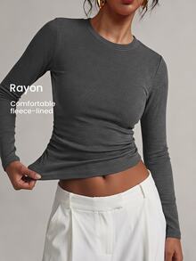 YARNWELL Kaos Lengan Panjang Wanita Warna Polos Model Slim Fit Serbaguna Kasual untuk Sehari-hari di Rumah, Warna Abu-abu Gelap Musim Gugur - Grey - View 13