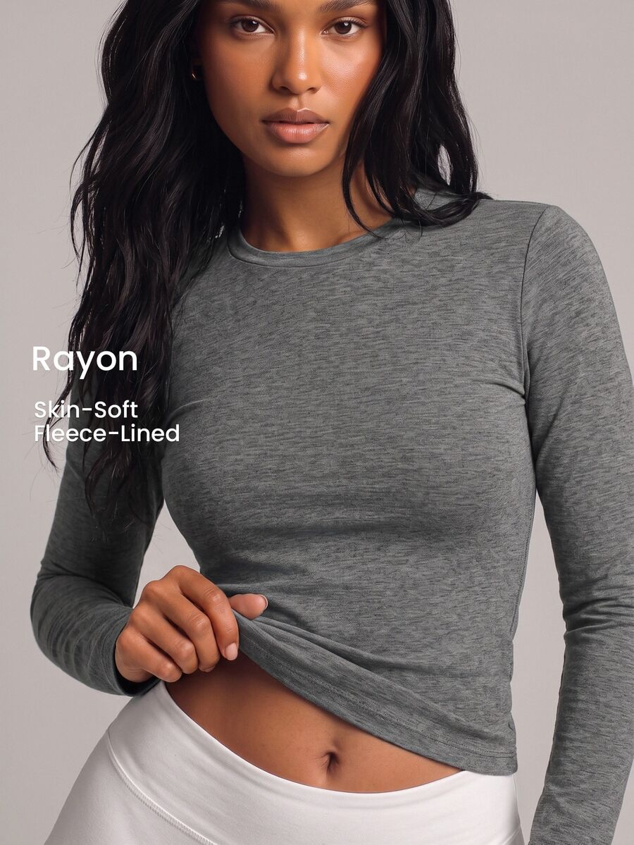 YARNWELL Kaos Lengan Panjang Wanita Warna Polos Model Slim Fit Serbaguna Kasual untuk Sehari-hari di Rumah, Warna Abu-abu Gelap Musim Gugur