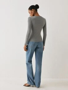 YARNWELL Kaos Lengan Panjang Wanita Warna Polos Model Slim Fit Serbaguna Kasual untuk Sehari-hari di Rumah, Warna Abu-abu Gelap Musim Gugur - Grey - View 3
