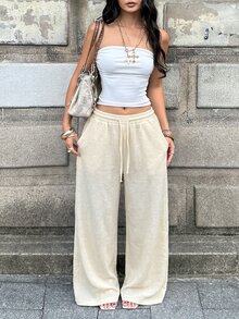Coolane 女款休閒百搭純色寬鬆長褲 - 杏色 - 查看 6