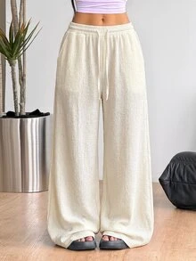 Coolane 女款休閒百搭純色寬鬆長褲 - 杏色 - 查看 5