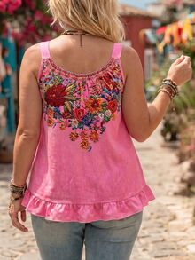 Ceyna Plus Size Women's French Casual Elegant Floral Print Tank Top - Hot Pink - View 2