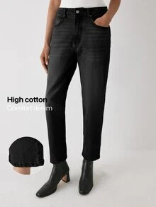 YARNWELL Women's Fashion Low Waist Slightly Stretchy Cat Whisker Washed Denim Jeans - Black - View 2