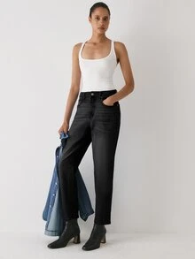 YARNWELL Women's Fashion Low Waist Slightly Stretchy Cat Whisker Washed Denim Jeans - Black - View 7
