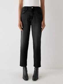 YARNWELL Women's Fashion Low Waist Slightly Stretchy Cat Whisker Washed Denim Jeans - Black - View 8