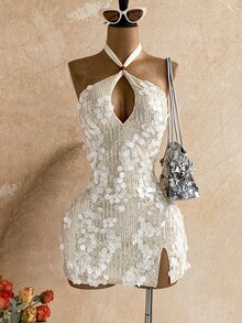 Soleia Sexy Hot Glitter Halter Neck Backless Mini Dress For Party, Date, Evening, Holiday, Afternoon Tea, City Party, Modern - Apricot - View 5
