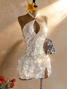 Soleia Sexy Hot Glitter Halter Neck Backless Mini Dress For Party, Date, Evening, Holiday, Afternoon Tea, City Party, Modern - Apricot - View 3