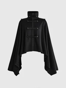 ROMWE Dark Gothic Court Style Napoleon Design Asymmetrical Hem Batwing Sleeve Loose Cape Coat - Black - View 8