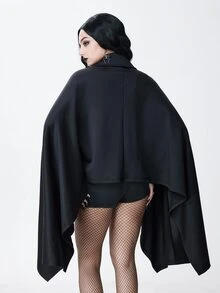 ROMWE Dark Gothic Court Style Napoleon Design Asymmetrical Hem Batwing Sleeve Loose Cape Coat - Black - View 4