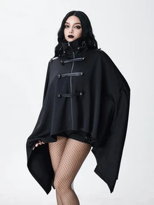 ROMWE Dark Gothic Court Style Napoleon Design Asymmetrical Hem Batwing Sleeve Loose Cape Coat - Black - View 2