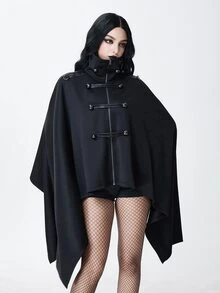ROMWE Dark Gothic Court Style Napoleon Design Asymmetrical Hem Batwing Sleeve Loose Cape Coat - Black - View 3