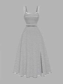 Selianne New Square Neck Women's Sleeveless Ribbed Knit Split Design Back Bow Tie Elegant Coastal Slim Fit Party Vacation Long Dress Black And White Summer - Black and White - View 6