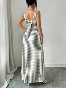 Selianne New Square Neck Women's Sleeveless Ribbed Knit Split Design Back Bow Tie Elegant Coastal Slim Fit Party Vacation Long Dress Black And White Summer - Black and White - View 2