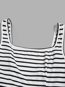 Selianne New Square Neck Women's Sleeveless Ribbed Knit Split Design Back Bow Tie Elegant Coastal Slim Fit Party Vacation Long Dress Black And White Summer - Black and White - View 3